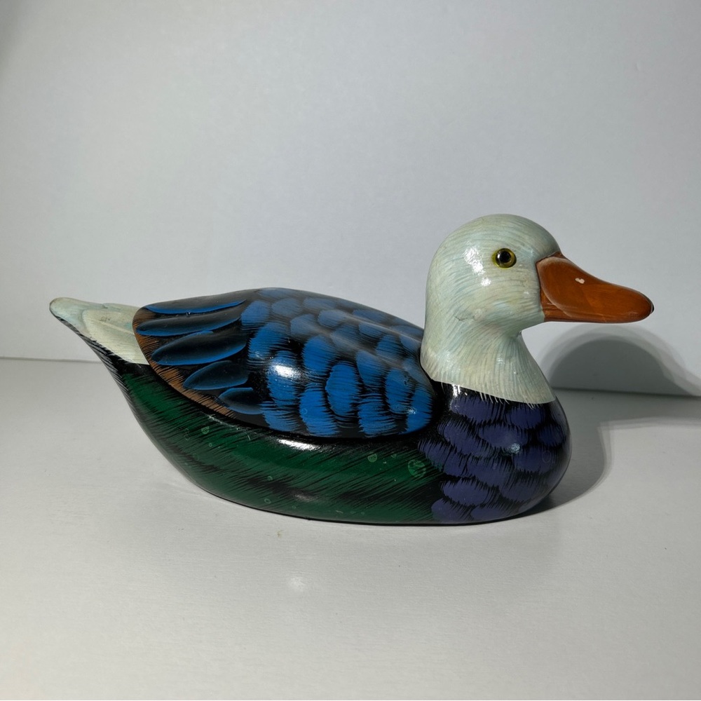 Duck Decoy Trinket Box Painted Ceramic matches bric a brac storage Vintage  10"